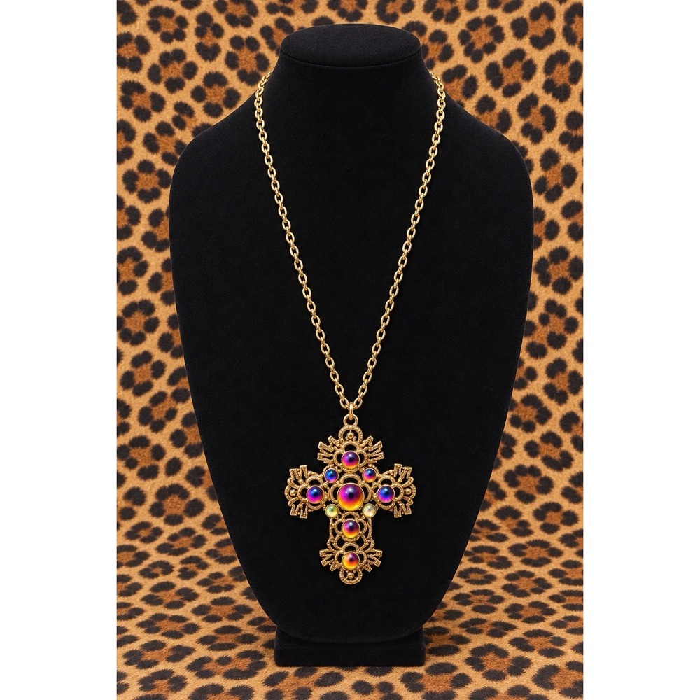 VTG 90s Iridescent Glass Cabochon Cross Necklace Gold Tone 28" Statement Chunky